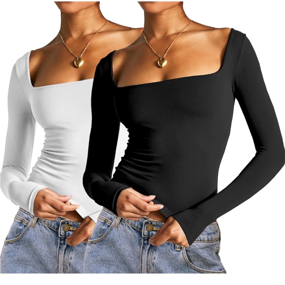 Square neck long sleeve black and white crop tops